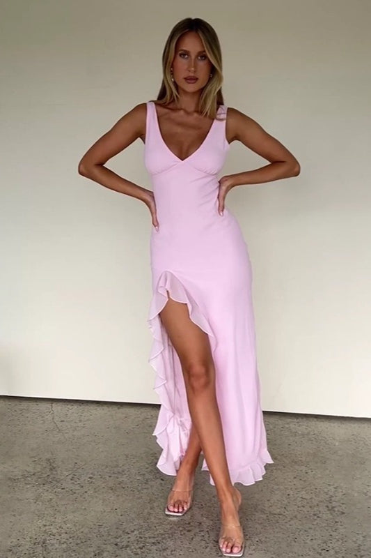V Neck Ruffled Slit Cami Midi Dress