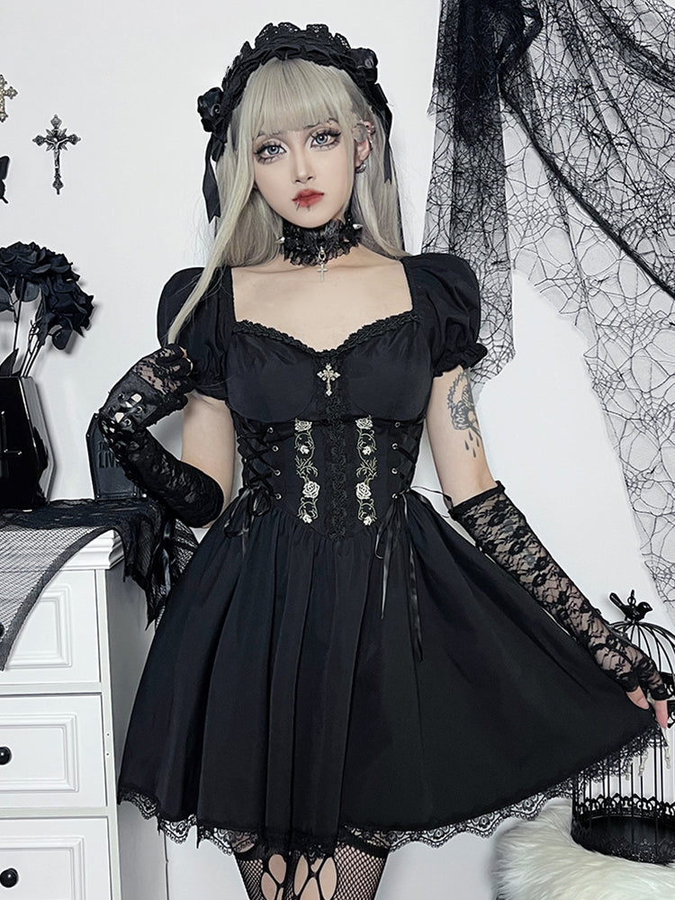 Gothic A Line Pleated Hem Harajuku Lolita Lace Trim Summer Dress