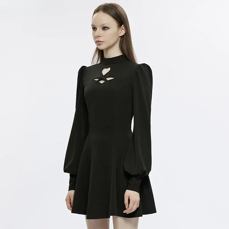 Gothic Heart shaped Puff Sleeves Sexy Black Dress