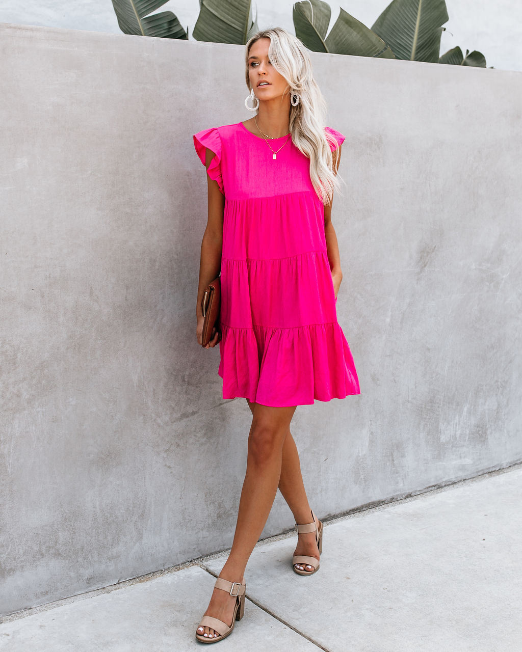 East Coast Pocketed Tiered Babydoll Dress Fuchsia