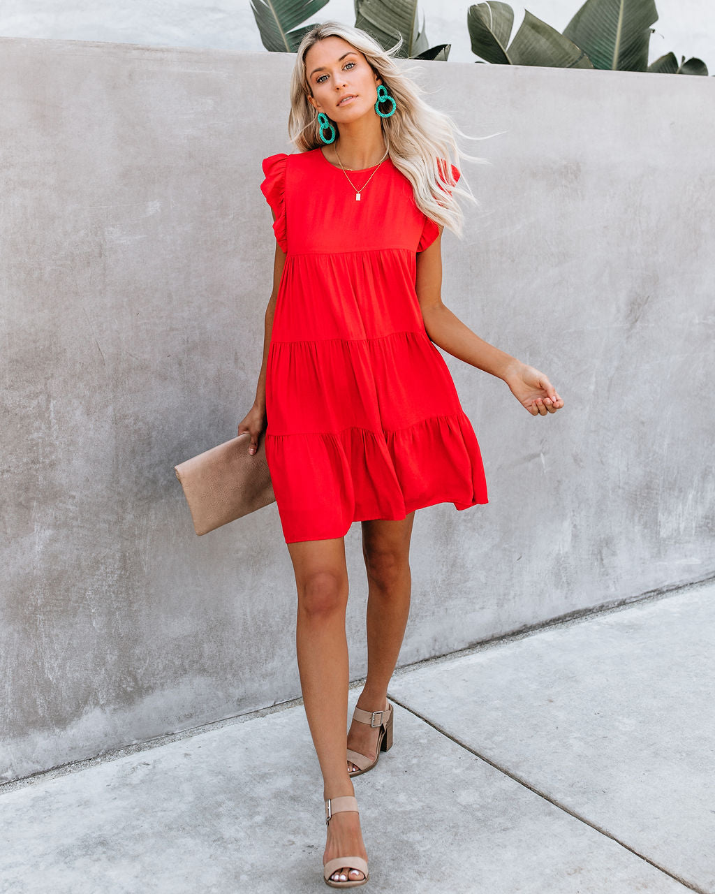 East Coast Pocketed Tiered Babydoll Dress Red