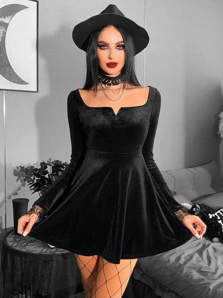 Y2K Harajuku High Waist ALine Mini Punk Grunge Vintage Flare Sleeve Velvet Lolita Dress