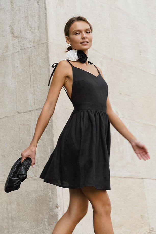 Black Linen V Neck Cami Mini Dress