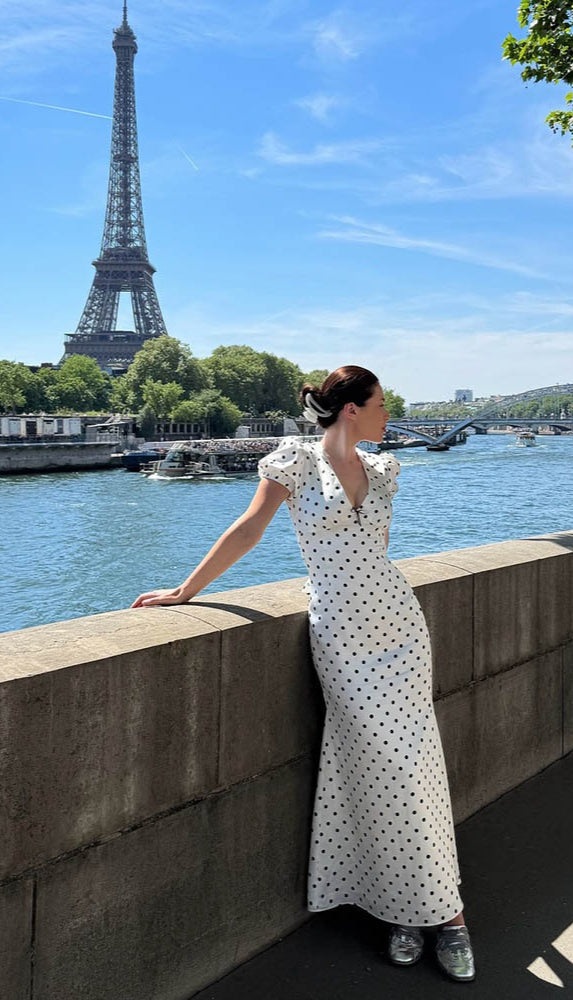 French Style Polka Dot VNeck Bodycon Maxi Dress