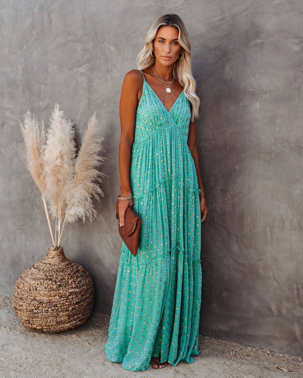 Fathoms Below Adjustable Metallic Tiered Maxi Dress Seafoam