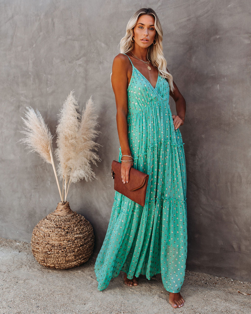 Fathoms Below Adjustable Metallic Tiered Maxi Dress Seafoam