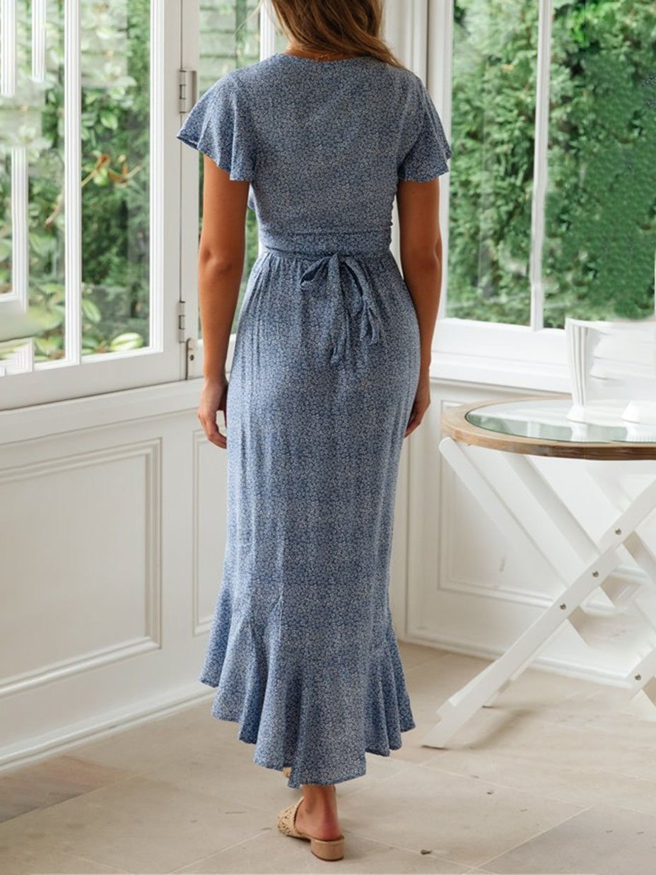 Floral Print V neck Short sleeved Lace up Dress