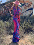 Tie dye Print V neck Cross Back Straps Stretch Maxi Dress