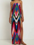 Strapless Side Slit Moir�� Print Maxi Dress