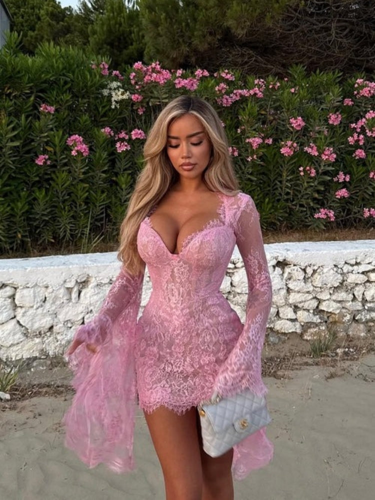 Whispers of Blush Lace Bell Sleeve Mini Dress