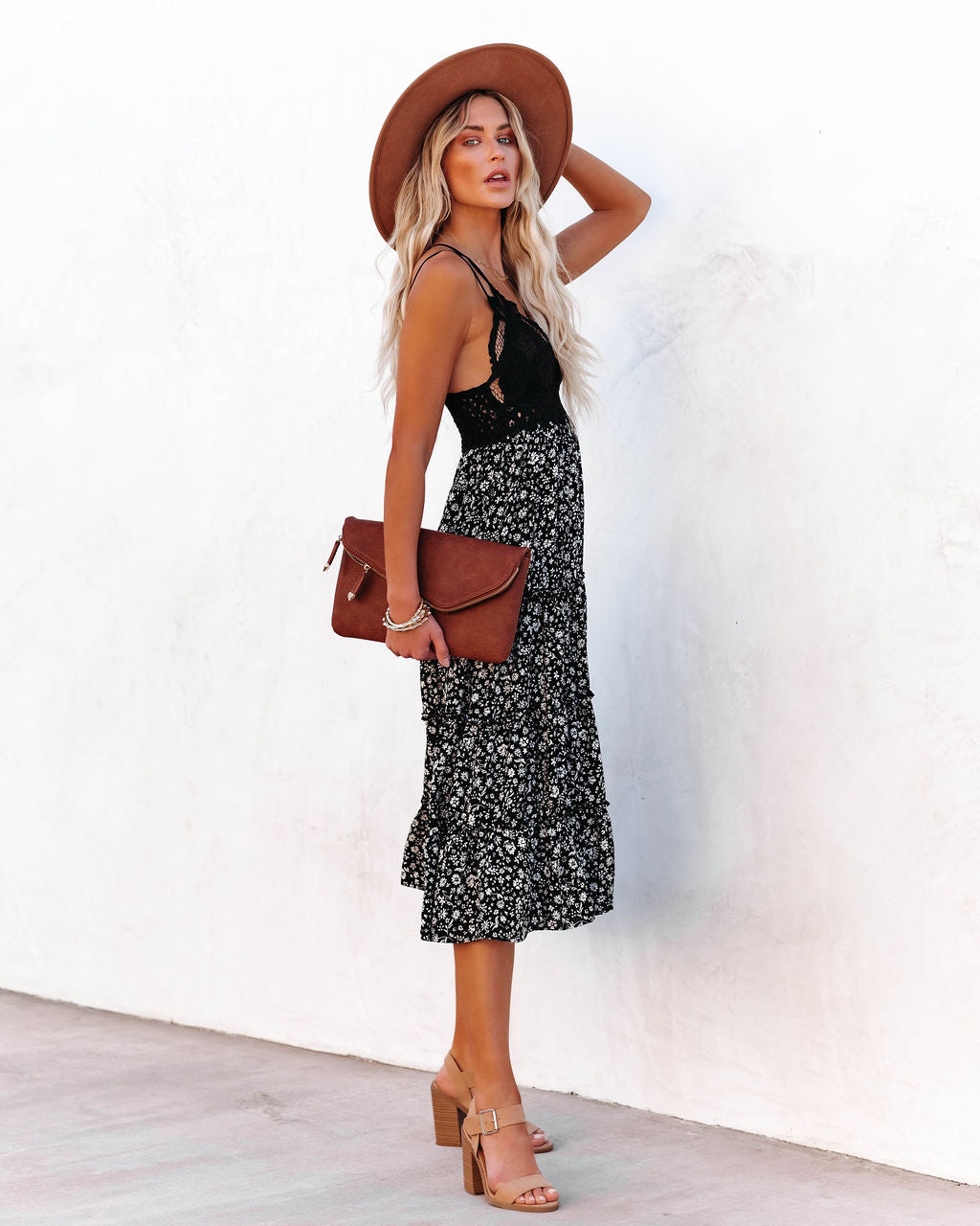 Let It Be Tiered Floral Lace Midi Dress Black