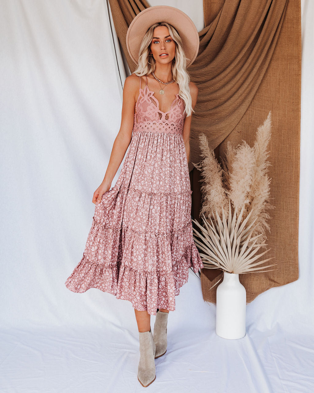 Let It Be Tiered Floral Lace Midi Dress Mauve