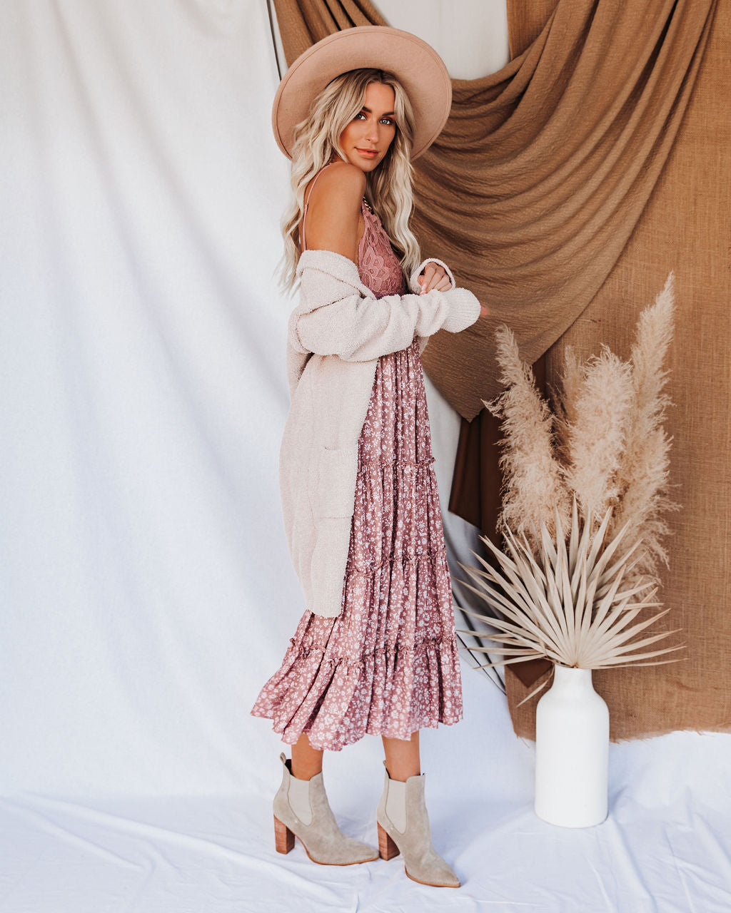 Let It Be Tiered Floral Lace Midi Dress Mauve