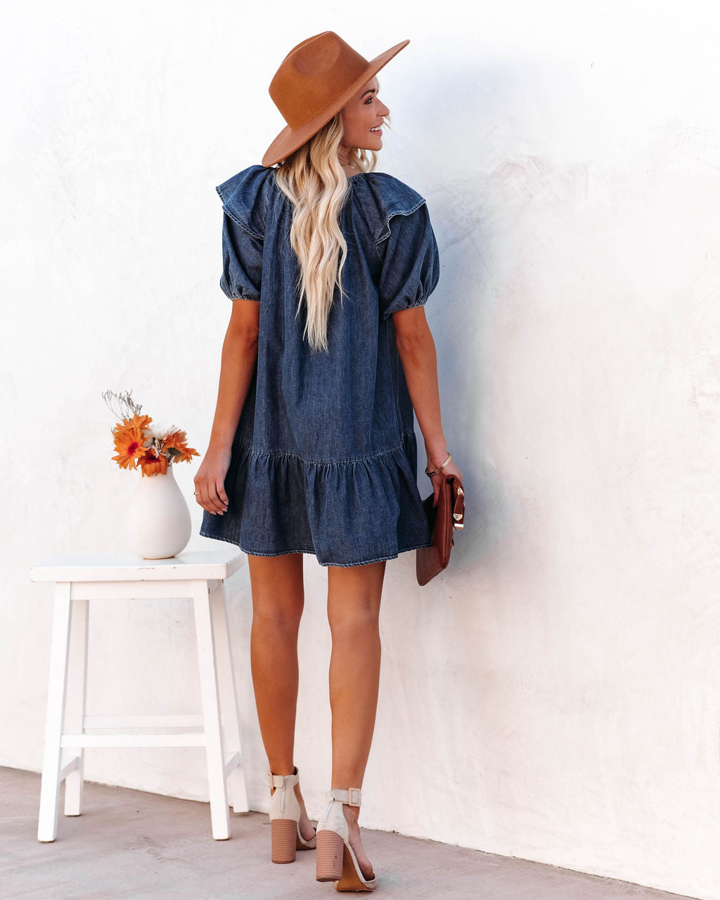 Luis Cotton Puff Sleeve Babydoll Dress Dark Wash