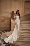 Chic Mikado Gown with a Sheer Chantilly Lace Underskirt Modern Satin Bridal Gown Princess Court Train Bow Wedding Dress Vestido De Novia Mermaid
