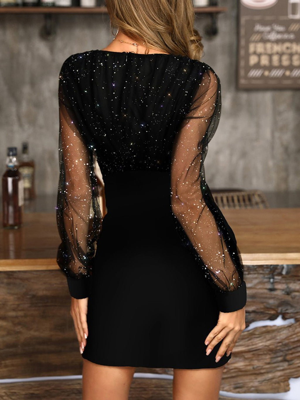 Mesh Stitching Tight fit Irregular V Neck Dress Women