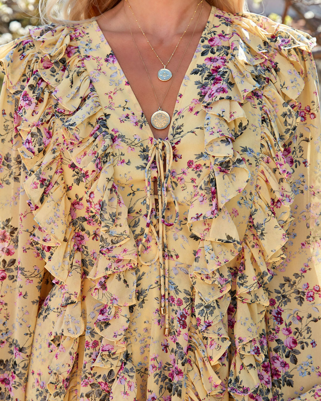 Namira Floral Ruffle Lace Up Dress Yellow