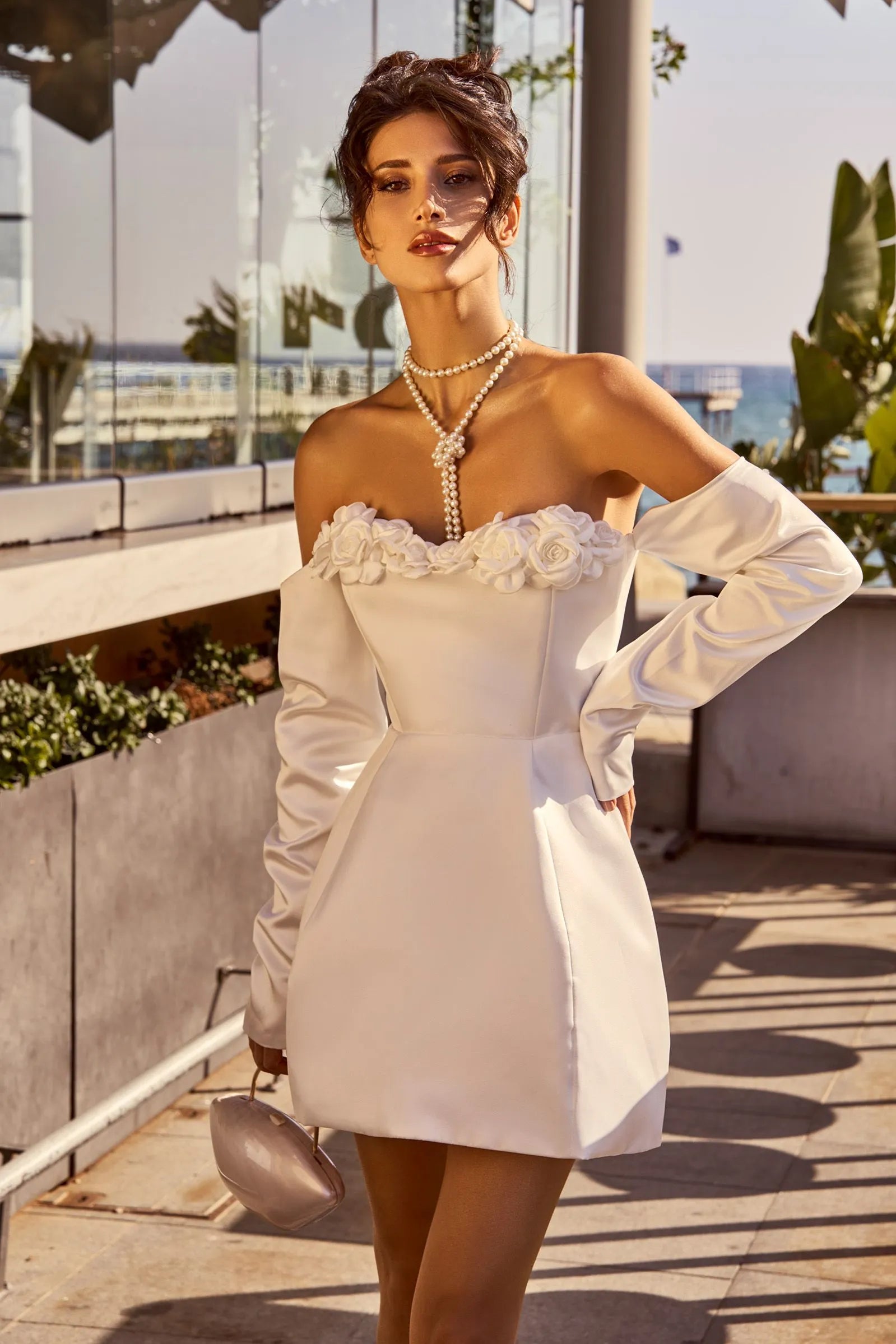 Short Wedding Gown Long Sleeves Off the Shoulder Design Breathtaking Hmade 3D Flowers Bridal Dress
