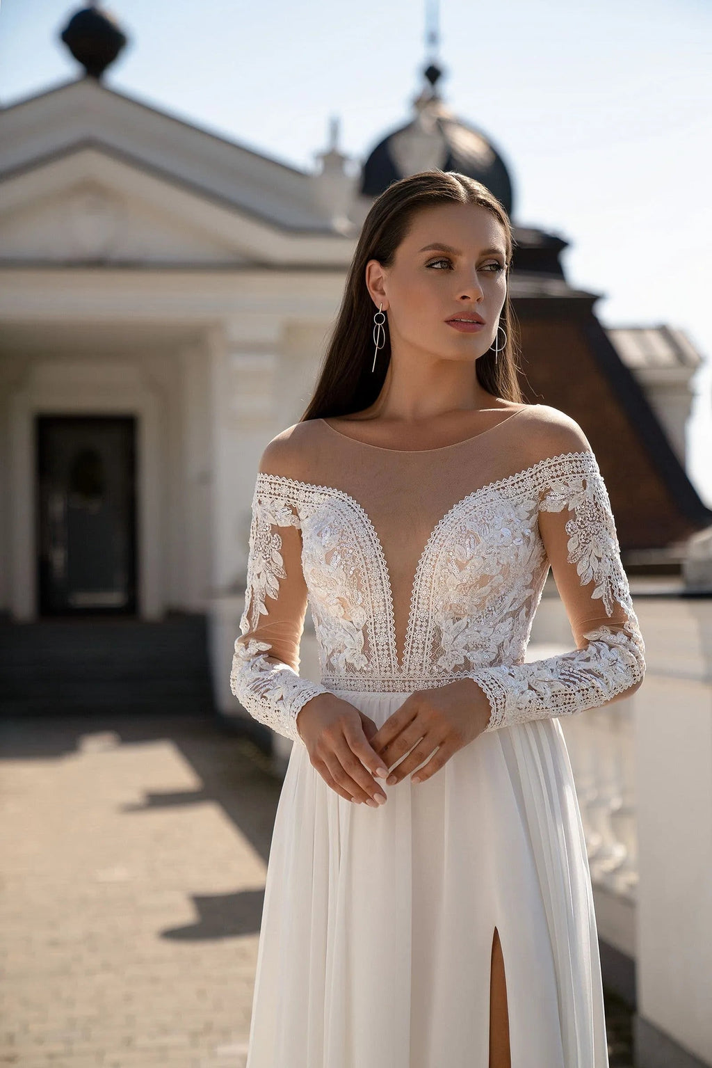 Chiffon Side Split Wedding Dresses Bride Sequin A-Line Long Sleeves Civil Backless Bridal Gowns