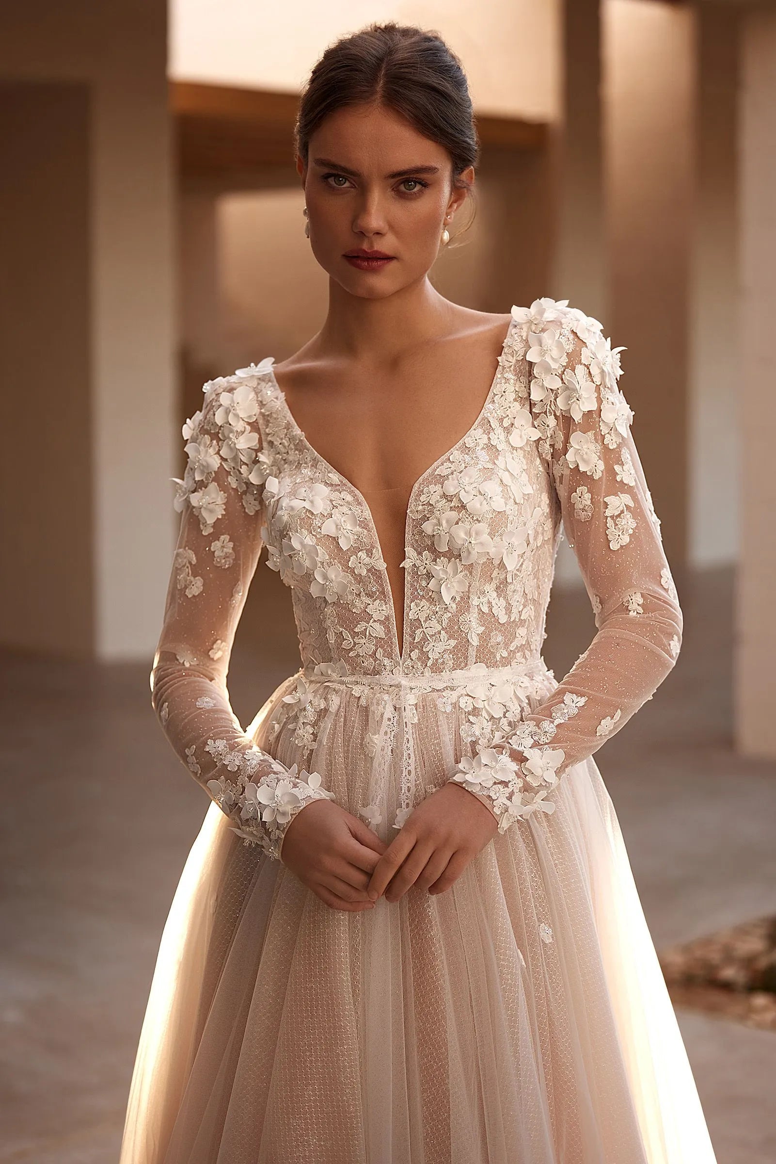 Sexy Deep V-neck Backless Bride Robe Charming 3D Flower Wedding Dress Glitter A-line Lace Long Bridal Gown Robe De Mariée