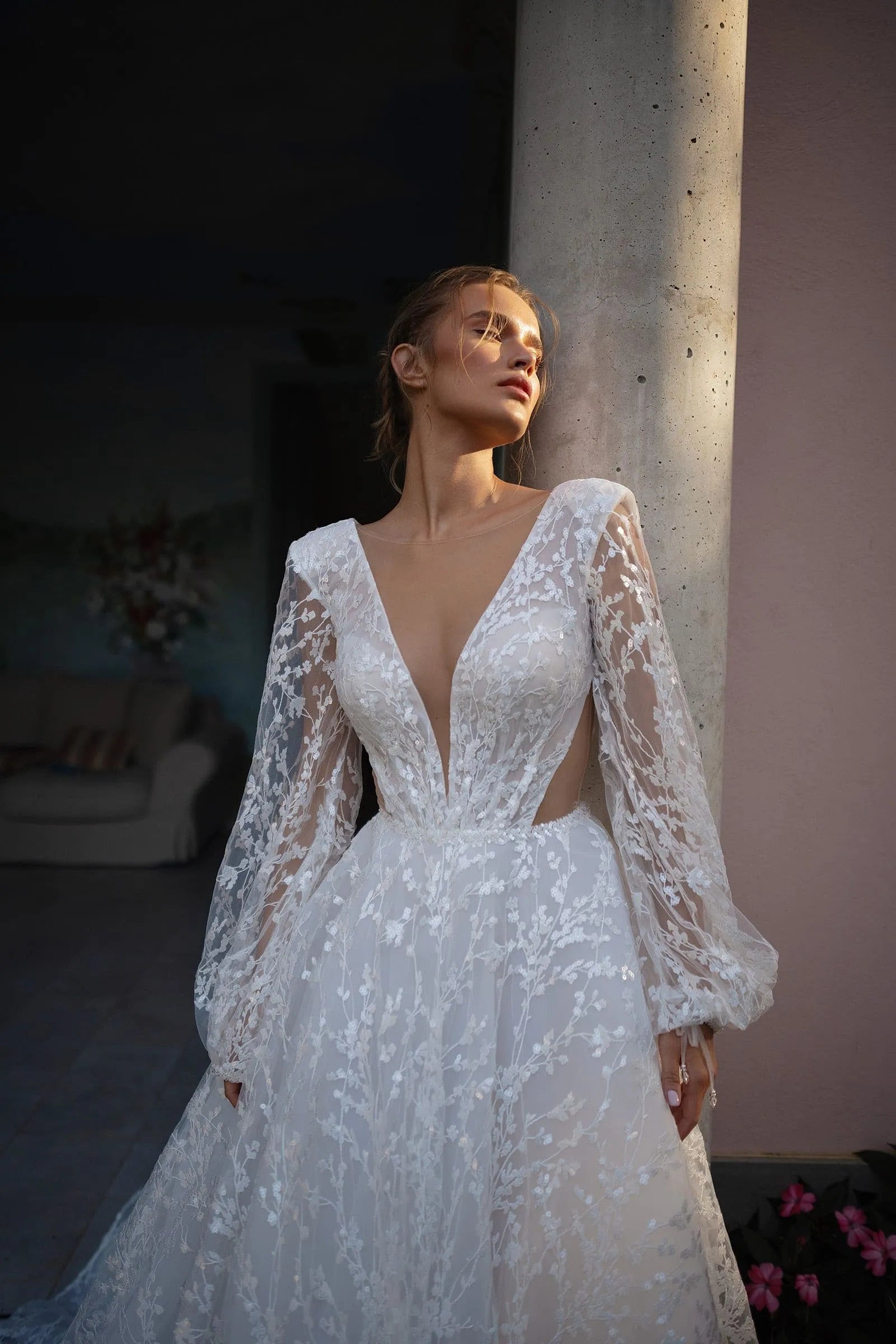 A-line Lace Wedding Dress Sheer Neck Full Illusion Sleeves Customized Bride Dresses Deep V Neck