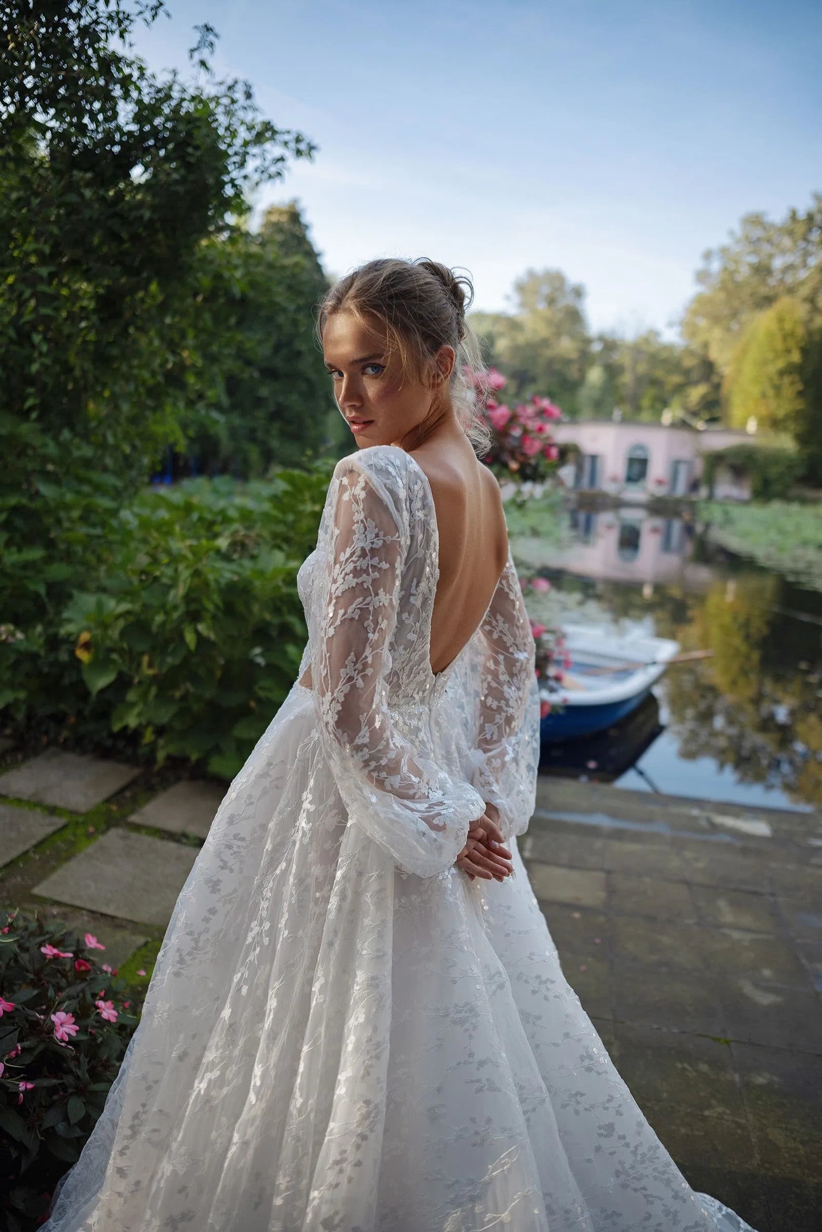 A-line Lace Wedding Dress Sheer Neck Full Illusion Sleeves Customized Bride Dresses Deep V Neck
