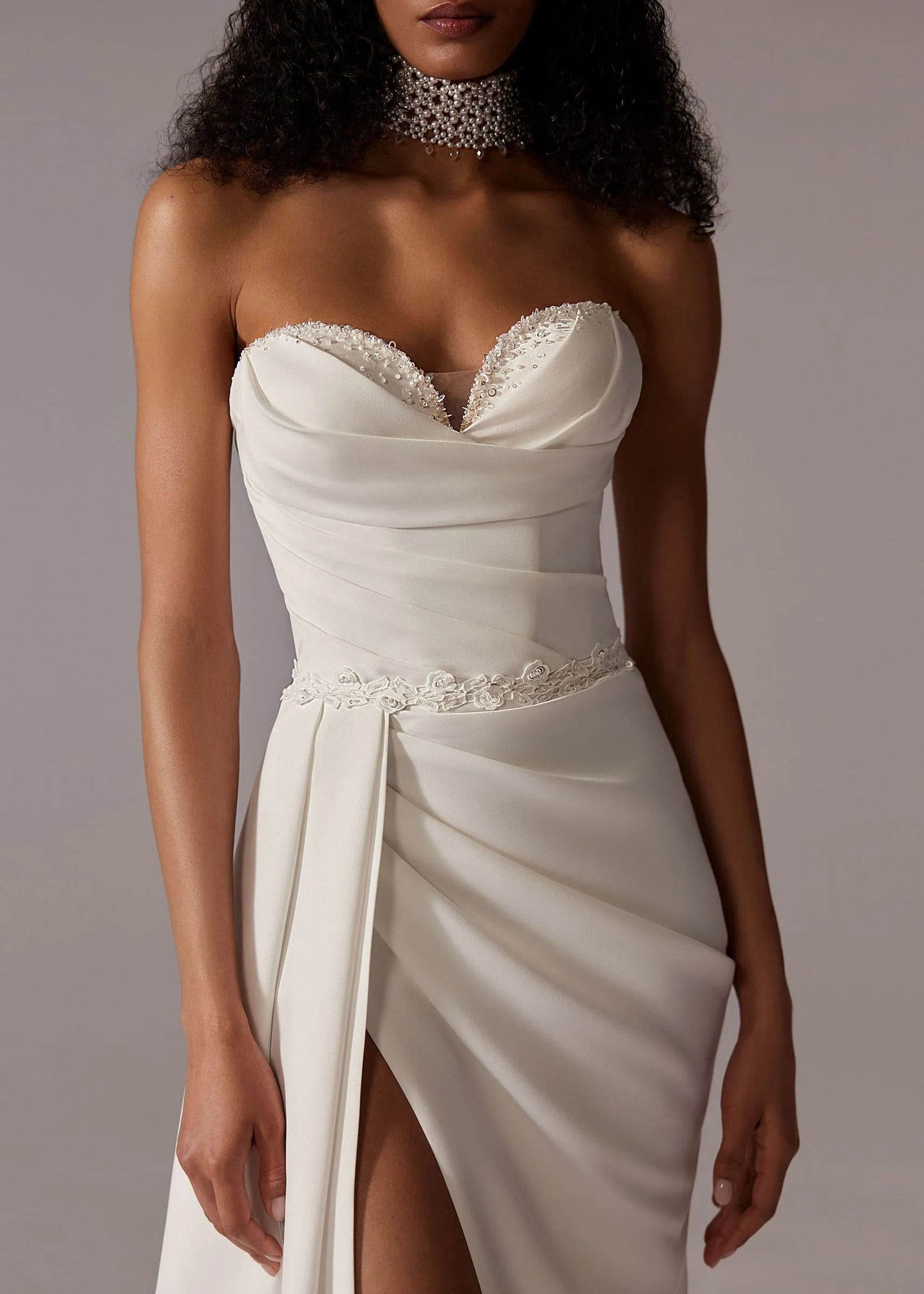 Satin Pleated Beaded Wedding Dress Court Lace up Side Slit Wedding Gown