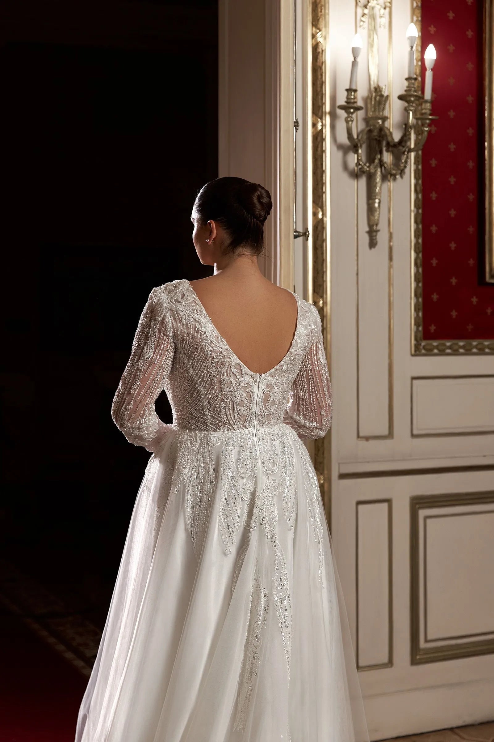 Luxury A Line Wedding Dress White Color With Sexy V Neckline Full Sleeve Bridal Dress Backless