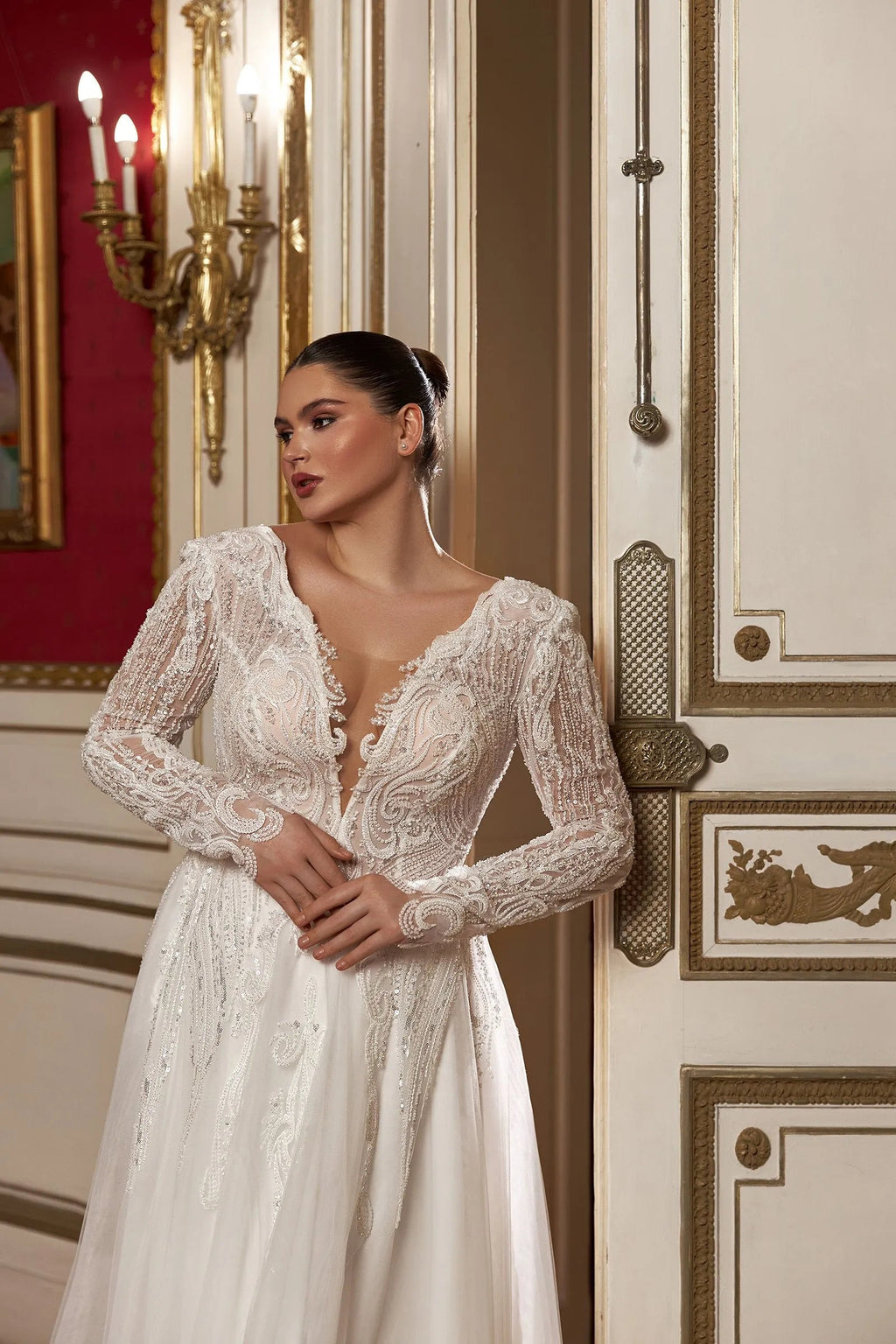 Luxury A Line Wedding Dress White Color With Sexy V Neckline Full Sleeve Bridal Dress Backless