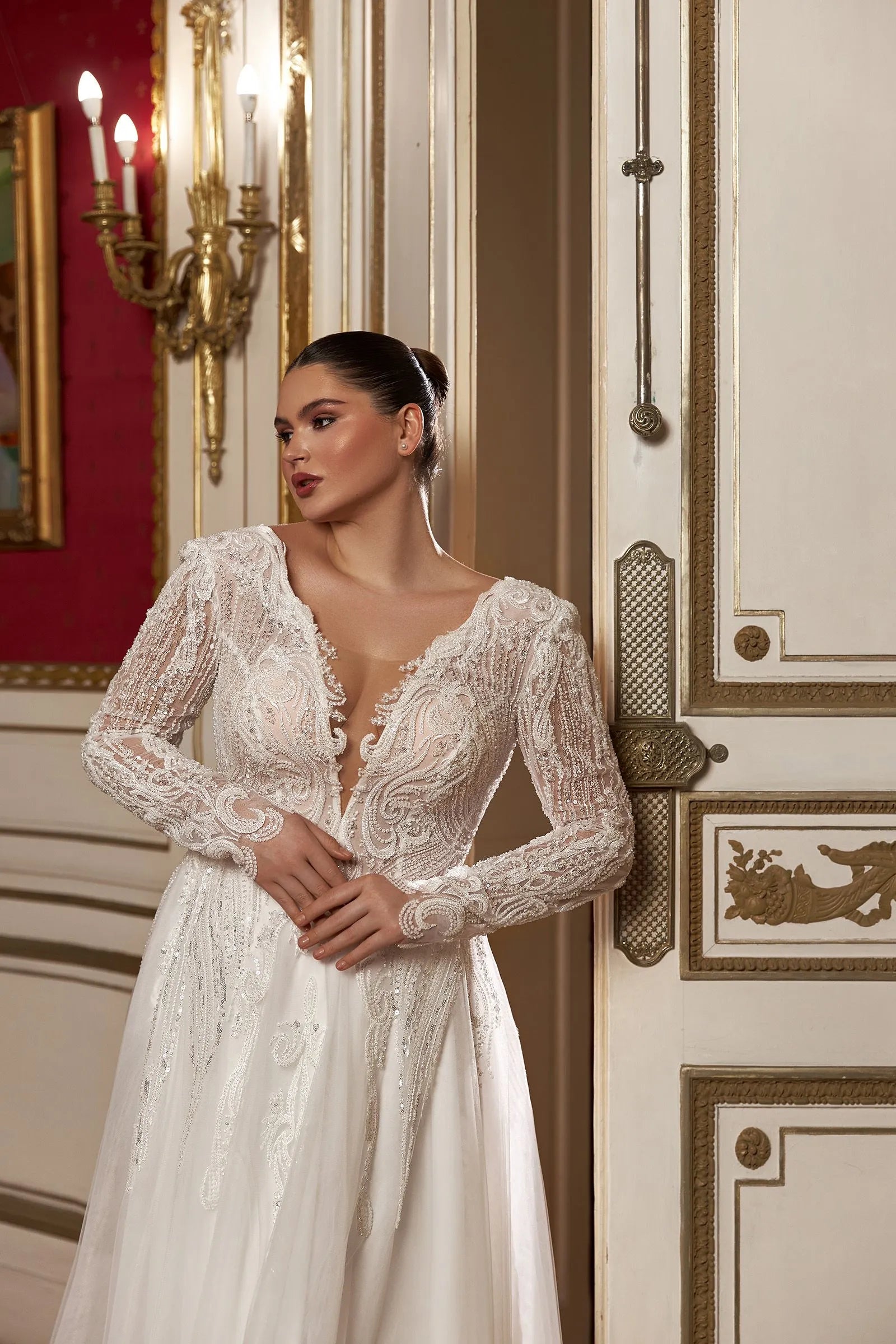 Luxury A Line Wedding Dress White Color With Sexy V Neckline Full Sleeve Bridal Dress Backless