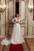 Luxury A Line Wedding Dress White Color With Sexy V Neckline Full Sleeve Bridal Dress Backless