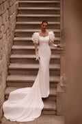 Elegant Jersey Wedding Dress Mermaid Long Sleeve Applique Square Neck Backless Court Train Vestido De Noiva Simples E