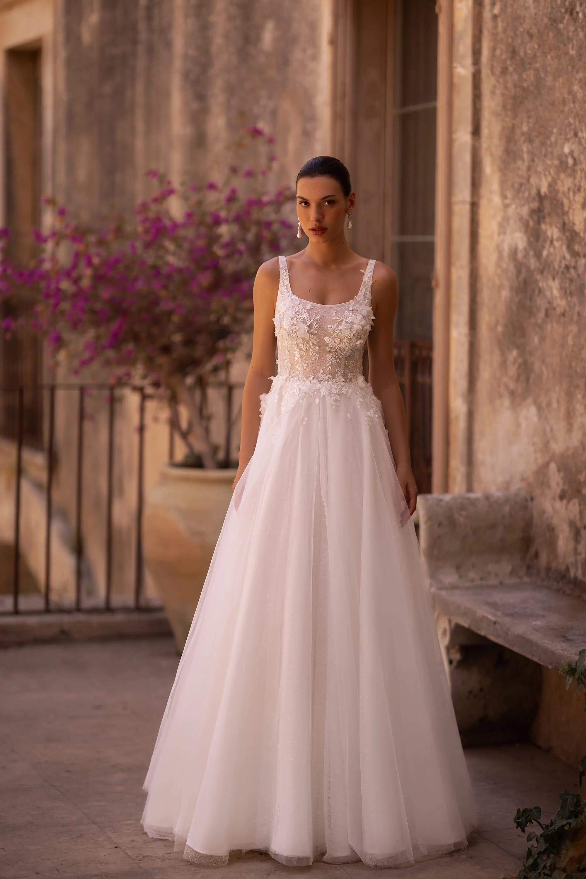 Romantic Square Neck Wedding Dress Sequins A-line Bride Robe Elegant Zipper Back Bridal Dresses Vestidos De Novia