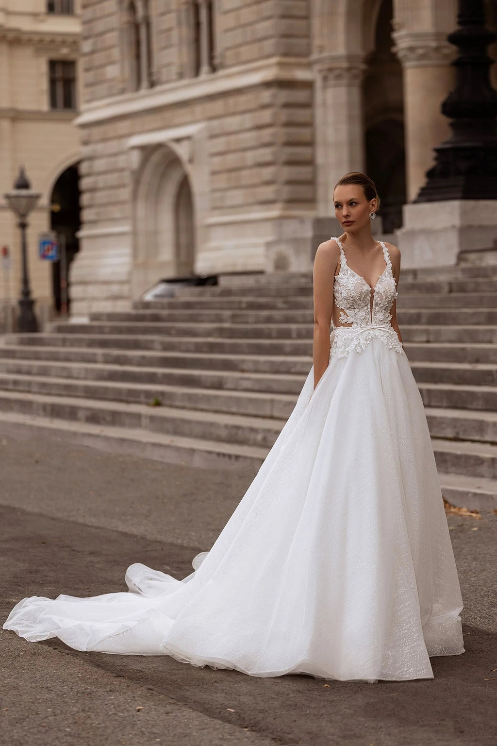 Spaghetti Straps Appliques Lace Tulle Wedding Dress for Women V-neck A-line Court Wedding Gown