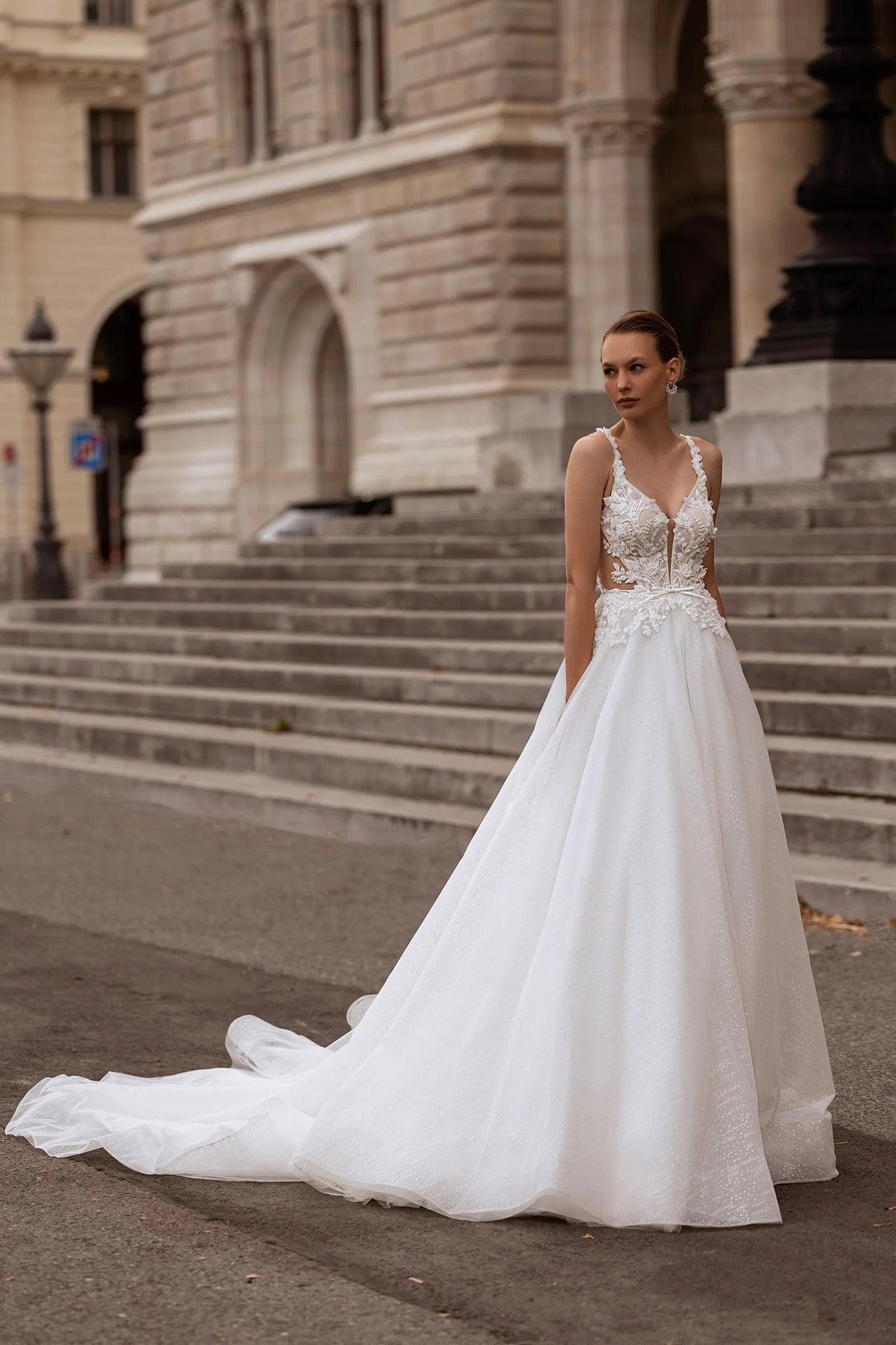 Spaghetti Straps Appliques Lace Tulle Wedding Dress for Women V-neck A-line Court Wedding Gown