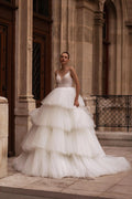 Fluffy Tiered Ballgown Bride Dress, Spaghetti Straps Sequins Lace Wedding Dresses