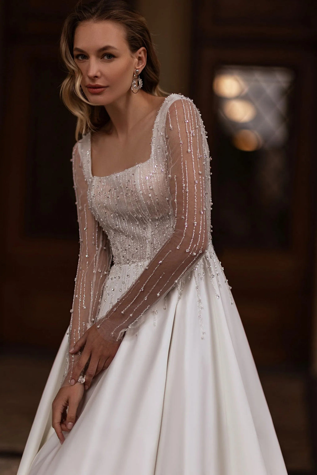 Modest Long Sleeve Bride Robe Vintage A-line Satin Lace Wedding Dress Charming Bridal Gown