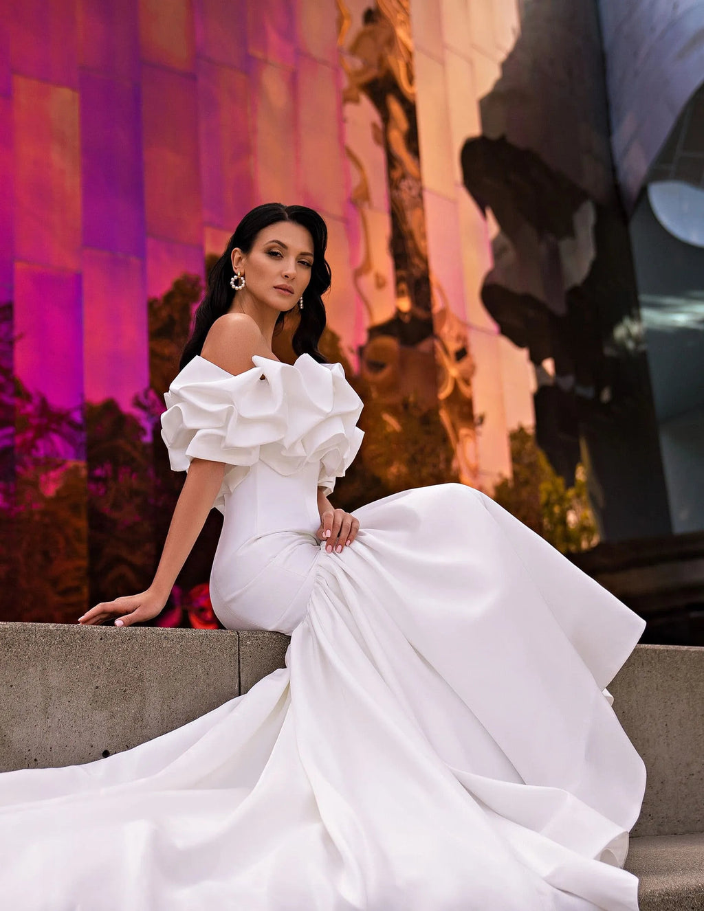 Off the Shoulder Satin Mermaid Wedding Dress with Delicate Ruffles Shoulder for Brides Elegant Timeless Bridal Dress