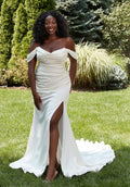 Simple Off Shoulder Mermaid Wedding Dresses Plus Size Sleeveless Bride Gowns Pleat Back Button Sweep Train Vestido De Noiva