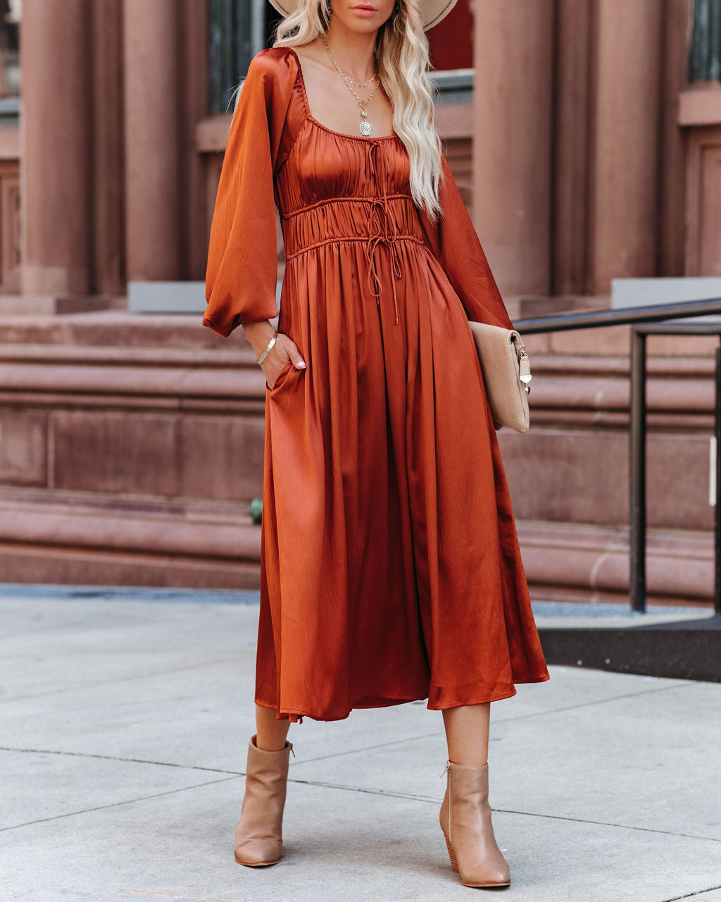 Pines Satin Pocketed Drawstring Midi Dress FINAL