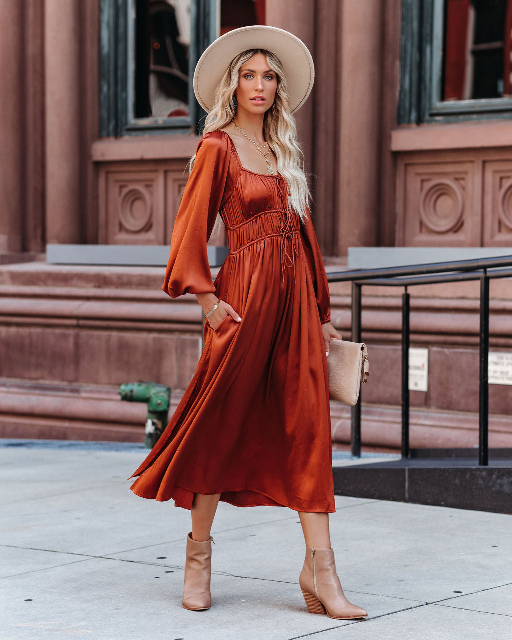 Pines Satin Pocketed Drawstring Midi Dress FINAL