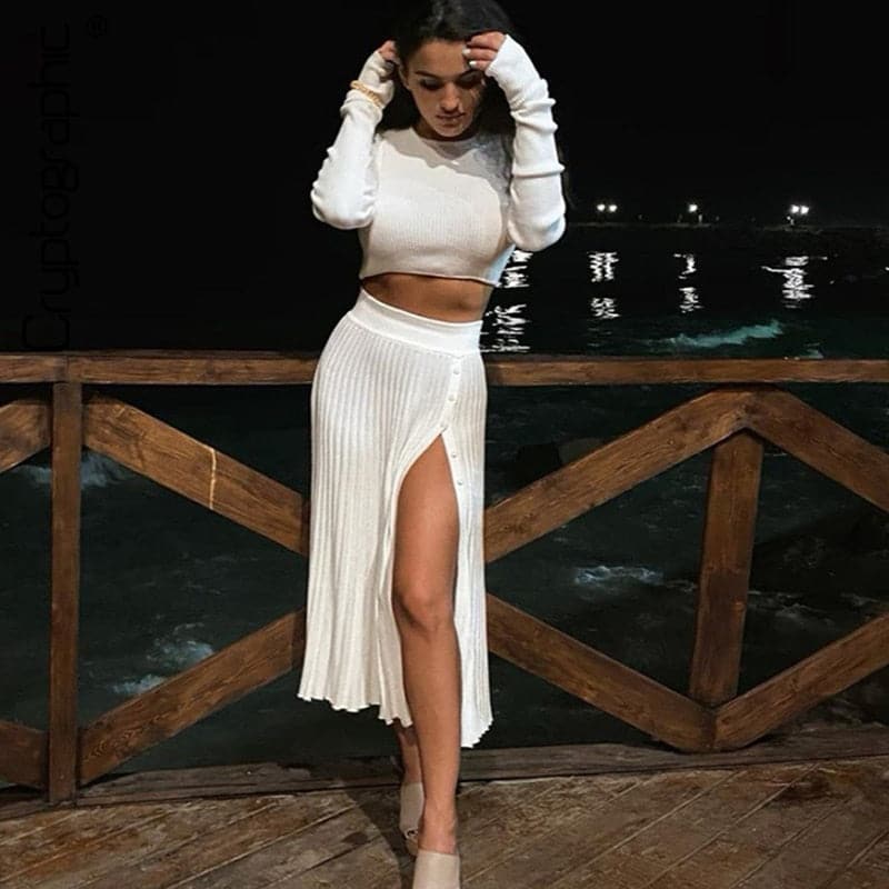 Solid Sweater Cropped Top Midi Skirt Two Piece Set Women Matching Set Outfits Button Up Split Skirts Winter