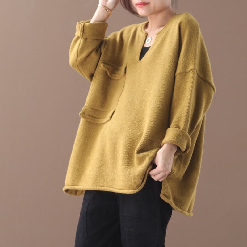 Female New Autumn and Winter Korean Style Plus Size Literary Small Vneck Singlepocket Primer Casual Sweater Outerwear