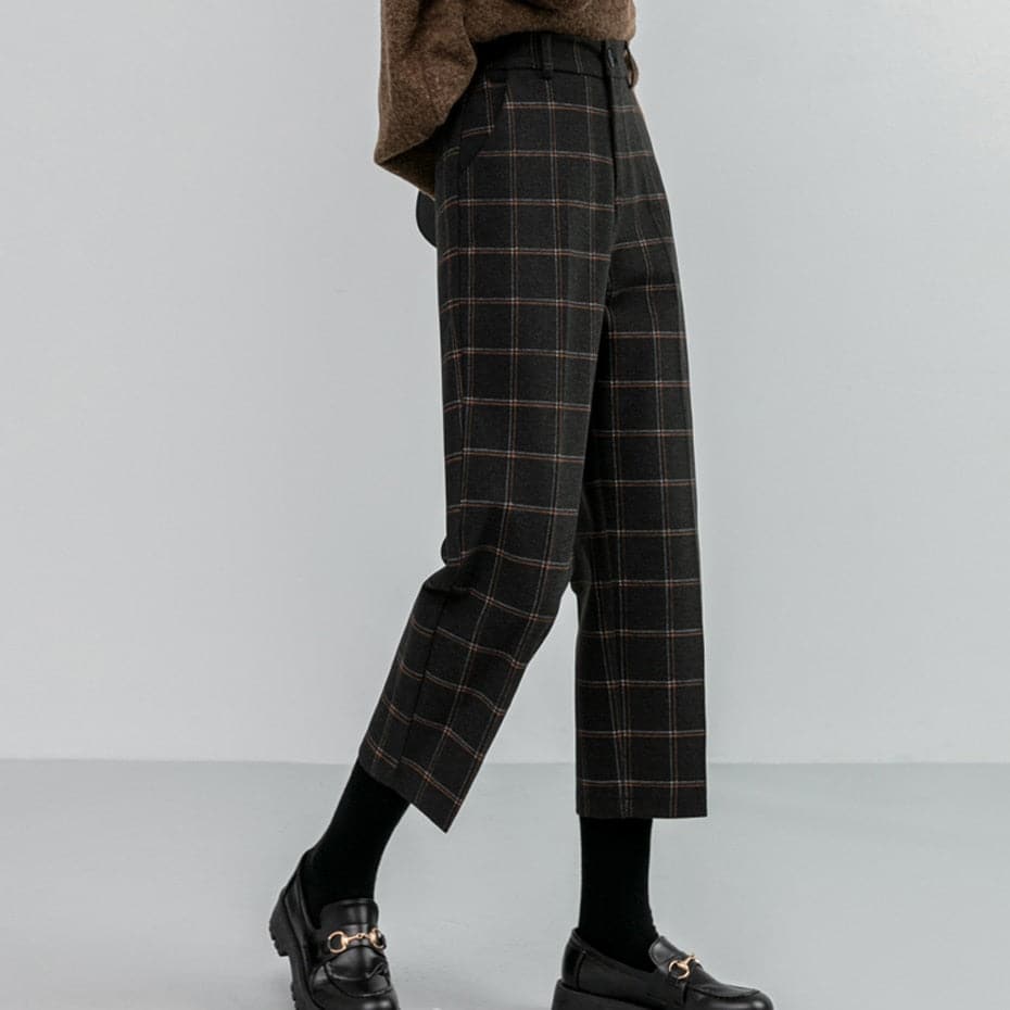 Woolen Plaid Autumn Winter Women's High Waist Formal Straight Pants Loose AnkleLength Pants Female Boots Pants Plus Size