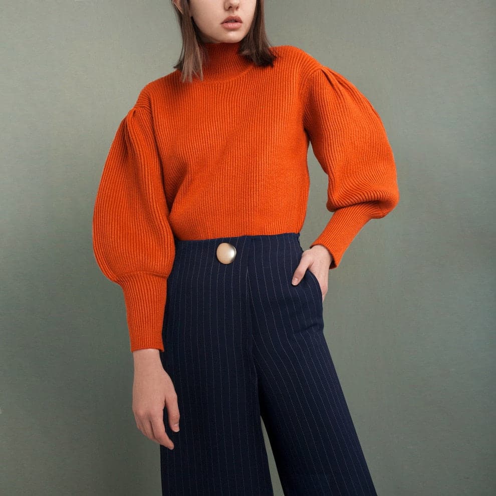 Stylish Retro Solid SemiHigh Collar Lantern Sleeve Bottom Sweate
