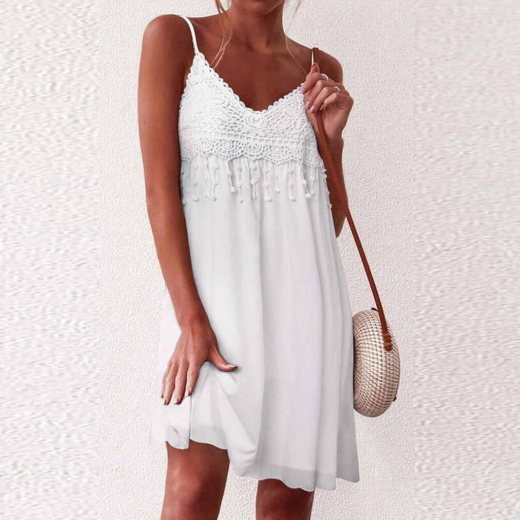 VNeck Strap Open White Lace Sleeveless Loose Elegant Mini Dress