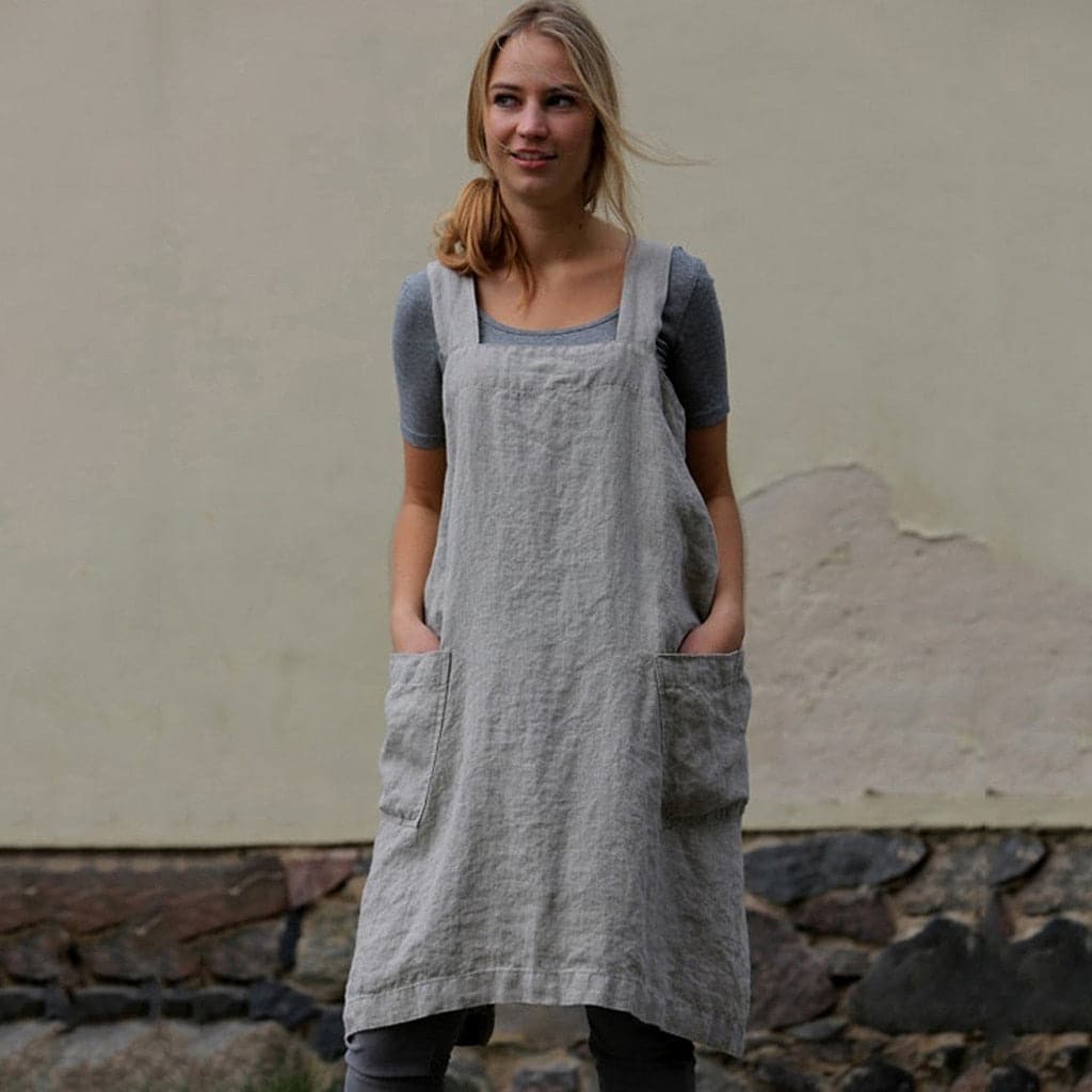 Female Square Cross Apron Dresses Women Cotton Linen Pinafore Dresses