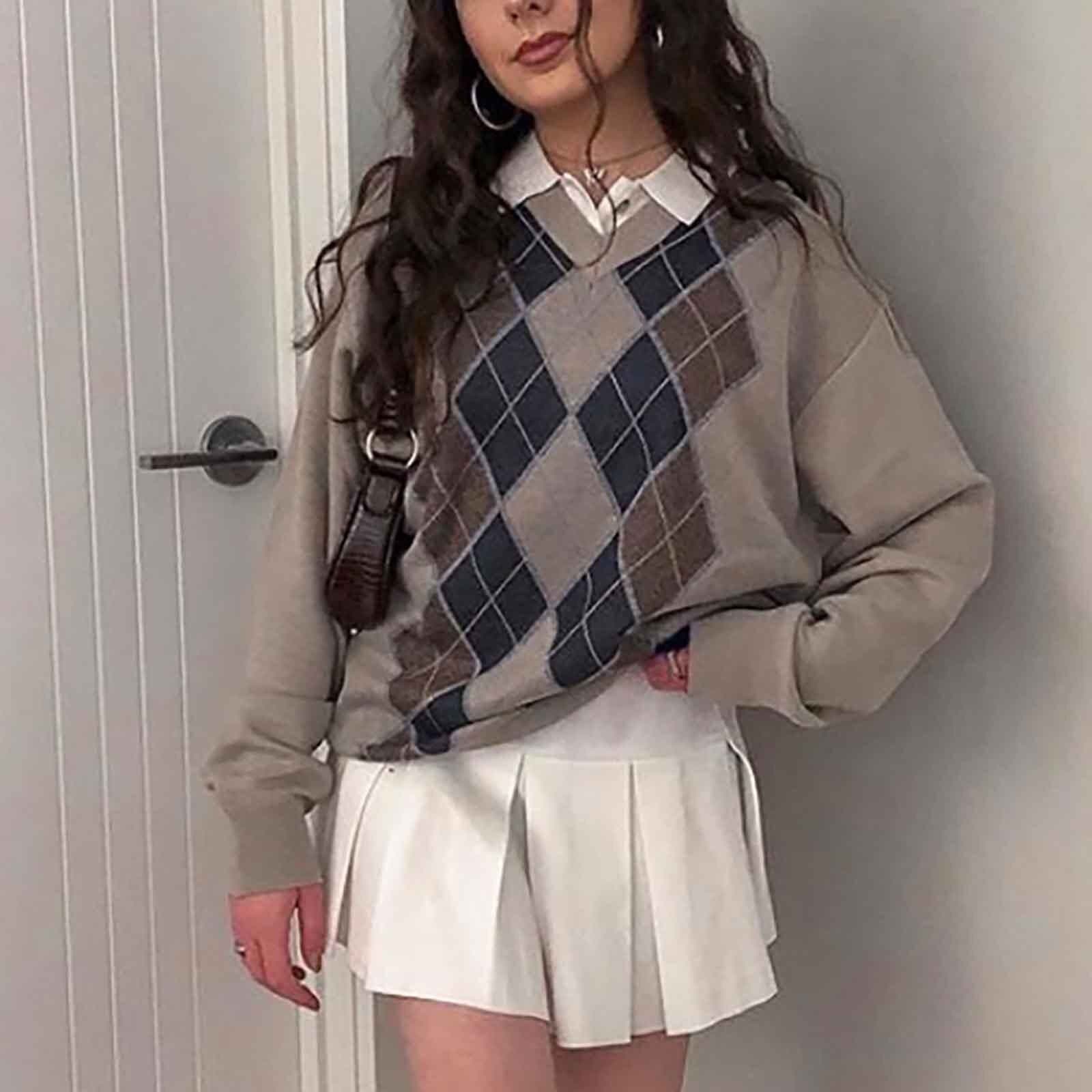 Women Fashion Preppy Diamond Plaid Printed Knitted Sweater