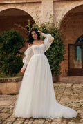 Puff Sleeve High Split Wedding Dresses Sweetheart Tulle Robe De Mariée A-line Backless Bridal Party For Women