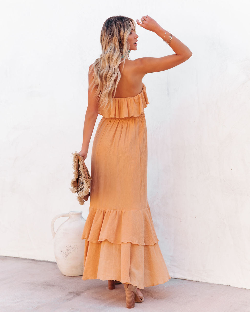 Rosemont Cotton Linen Strapless High Low Maxi Dress Peach